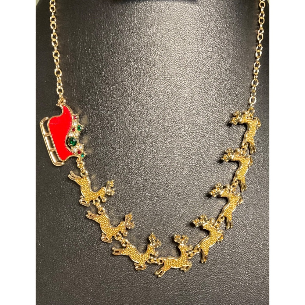 SANTA SLEIGH REINDEER 18" CHRISTMAS NECKLACE GOLD-TONE 3" EXTENDER